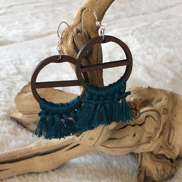 Teal Tassel Earrings | Dark Wood, Cotton & Silver - Picture 3 of 11